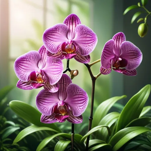 Prompt: (orchid), vibrant colors, ultra-detailed, photorealistic, soft natural lighting, vivid magentas, lush greens, delicate petals, botanical illustration, tranquil atmosphere, intricate details, high-definition, blurred background with green foliage, dreamy and serene mood, high-quality image, cinematic masterpiece.