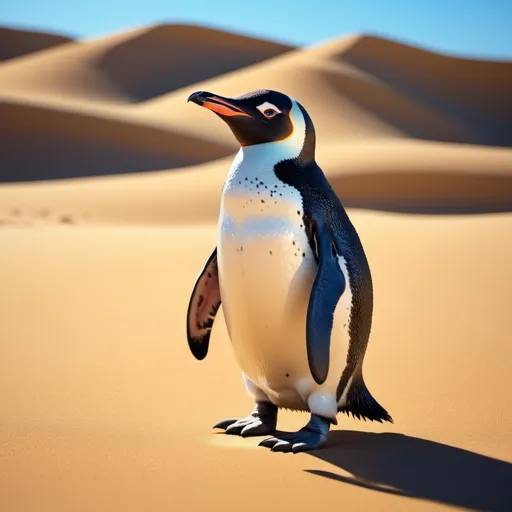 Prompt: (penguin in the desert), vibrant colors, golden sands, intense blue sky, dramatic shadows, surreal feeling, crisp air, sunlight casting, unusual juxtaposition, ultra-detailed, 4K, highly textured, whimsical atmosphere, soft reflections, glistening details, subtle gradients, wide open landscape, breathtaking depth, sense of isolation, sharp contrasts, unique setting, photorealistic