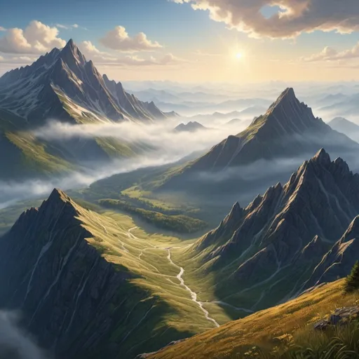 Prompt: (mountain Mitchell), breathtaking landscape, towering peaks, lush green forests, misty clouds, warm golden sunlight, dramatic shadows, deep blue sky, peaceful and serene atmosphere, valleys and ridges, natural splendor, ultra-detailed, 4K realism, high definition, intricate details, photorealistic.