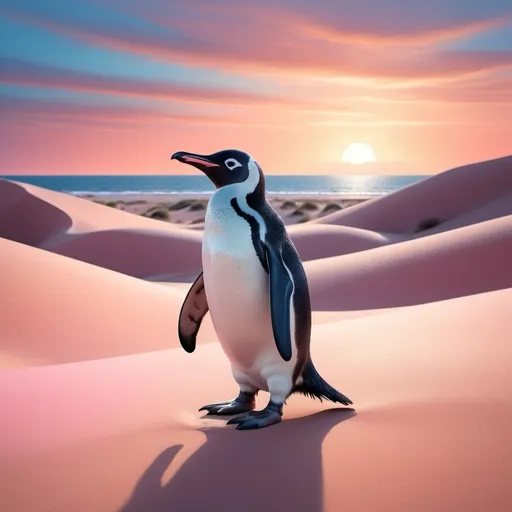 Prompt: (realism style), a charming penguin standing alone in a vast desert landscape, surrounded by soft pastel hues of pink and blue sand dunes, a gentle warm sunset lighting in the background casting soothing shadows, evoking a sense of isolation yet cute whimsy, ultra-detailed, breathtaking scenery, captivating and surreal atmosphere.