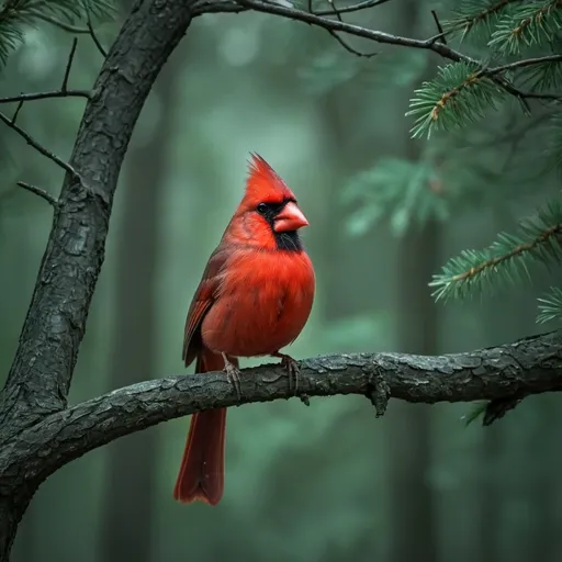 Prompt: cardinal on a tree branch in deep forest