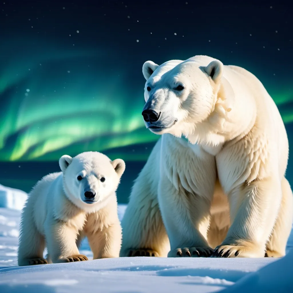 Prompt: (polar bear and her cub), (high detail), **majestic Arctic landscape**, cool tones, dramatic lighting, snow-covered surroundings, (soft lighting), serene atmosphere, tender and protective mood, midnight blue and sparkling white contrasts, pristine icebergs in the background, crisp starry sky, enchanting aurora borealis above, (ultra-detailed), cinematic quality, 4K resolution, visually stunning, mesmerizing depth of field.