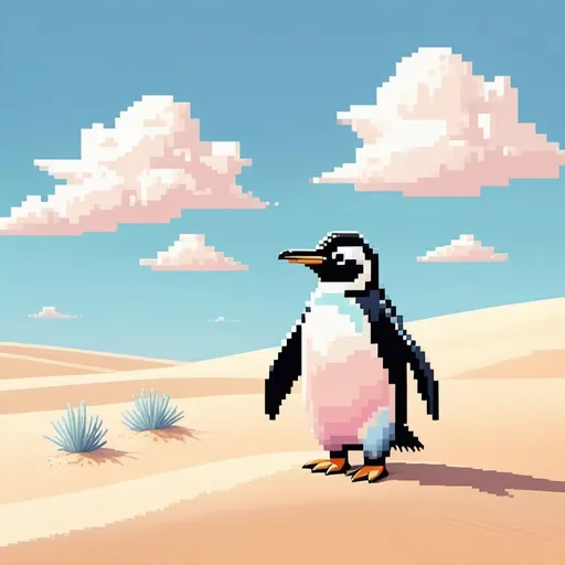 Prompt: (pixel art style), (pastel color scheme), a whimsical penguin standing in a bright, sandy desert, gently rolling dunes in the background, soft blue skies with fluffy clouds, a playful touch to an unexpected setting, charming and surreal atmosphere, minimalist composition, vibrant and eye-catching, inviting a sense of playful contrast, ultra-detailed decor with pixelated textures.