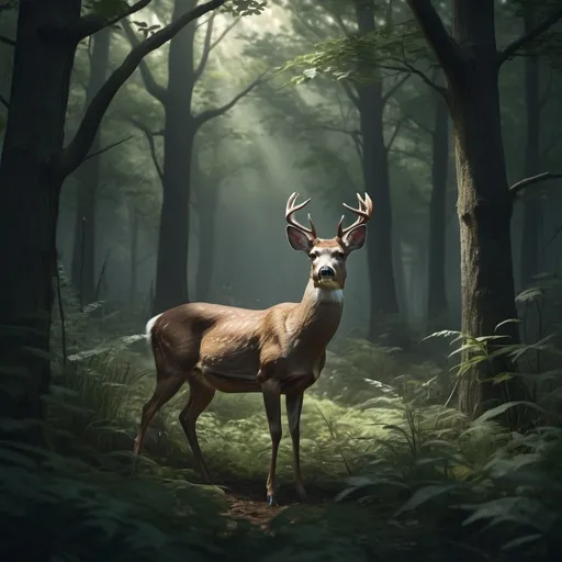 Prompt: (realism style), (white-tailed deer), dark color scheme, moody atmosphere, intricate details, natural habitat, shadows playing across the landscape, lush underbrush, soft, muted browns and greens, dramatic lighting, highlighting the deer's features, serene yet haunting vibe, tranquil forest background, ultra-detailed, high quality, 4K resolution.