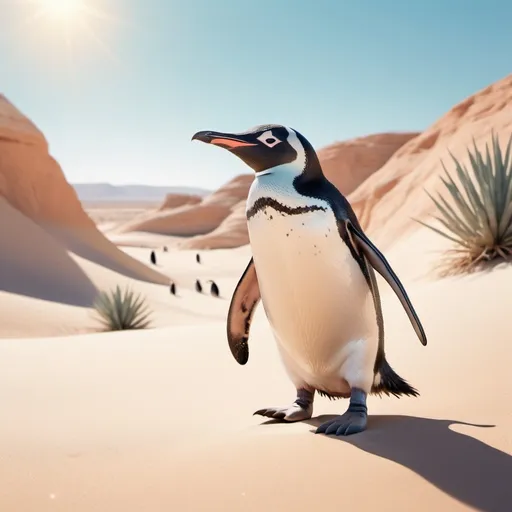 Prompt: (penguin in the desert), (realism style), pastel color scheme, soft and gentle hues, serene atmosphere, vibrant sandy landscape, contrasting cool tones of the penguin, bright sunlight casting soft shadows, high detail textures, whimsical juxtaposition of animals and environment, ultra-detailed, HD quality, dreamy and surreal vibes.