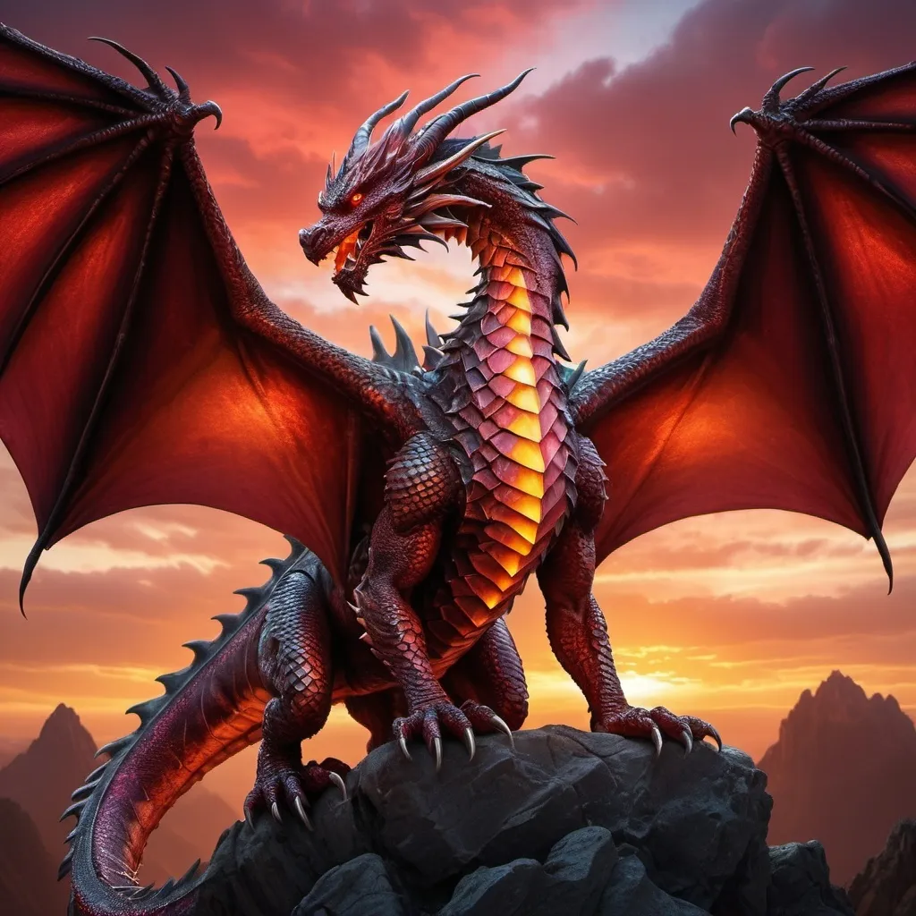 Prompt: (majestic dragon), red scales shimmering like rubies, fierce eyes glowing with intensity, powerful wings spread wide against a dramatic sky, (detailed textures), warm sunset colors blending into deep shadows, (fantasy ambiance), high-quality, ultra-detailed, capturing the awe of mythical legends, showcasing powerful presence and majesty, (dynamic lighting) highlighting the dragon's features.