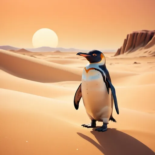 Prompt: (penguin in the desert), (anime style), warm color palette, vibrant atmosphere, detailed textures, contrasting environments, soft lighting, whimsical and playful mood, sandy dunes in the background, surreal blend of warmth and coolness, high-quality HD, captivating and imaginative composition.