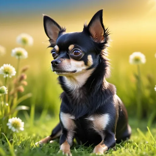 Prompt: (black Chihuahua), detailed fur textures, photorealistic, vibrant, high contrast, warm tones, golden sunlight, playful atmosphere, ultra-detailed, 4K resolution, shallow depth of field, Chihuahua sitting on a grassy field, vivid green grass, flowers in the background, clear blue sky, bokeh effect, captured in a glowing afternoon light. 