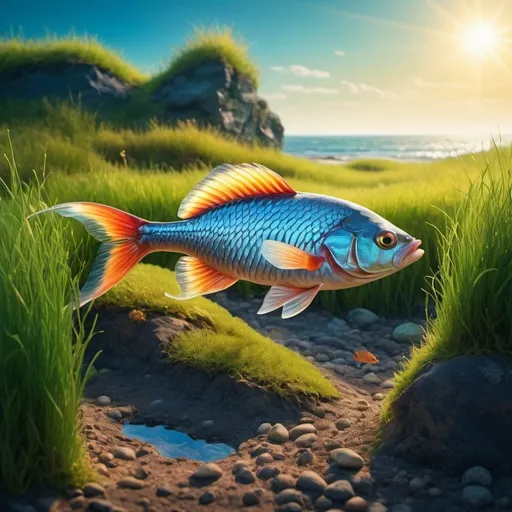 Prompt: fish on land, surreal juxtaposition, (vibrant colors), sunlight reflecting off scales, scene evokes curiosity, interesting textures in surroundings, (highly detailed), grassy terrain, background with a distant horizon, atmosphere filled with wonder, capturing unexpected nature blend, (ultra-detailed), (dramatic lighting)