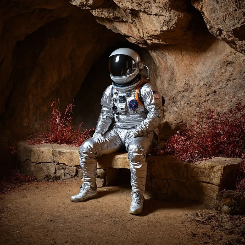 Prompt: silver-suited astronaut wearing helmet sitting on a rustic stone bench in a rustic cave house, some strange red plants in the cave