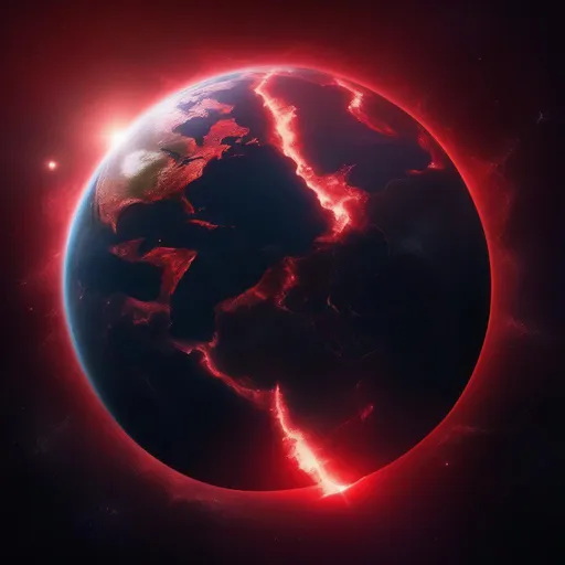 Prompt: planet earth cracking apart with a red light coming out of them, space view, located in outer space