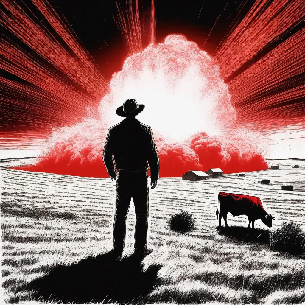 Prompt: a powerful red laser hitting the earth, a man in the cow pasture seeing a red laser on the horizon causing a huge explosion