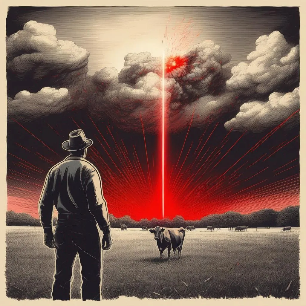 Prompt: a scared man in the cow pasture seeing a red laser on the horizon causing a huge explosion