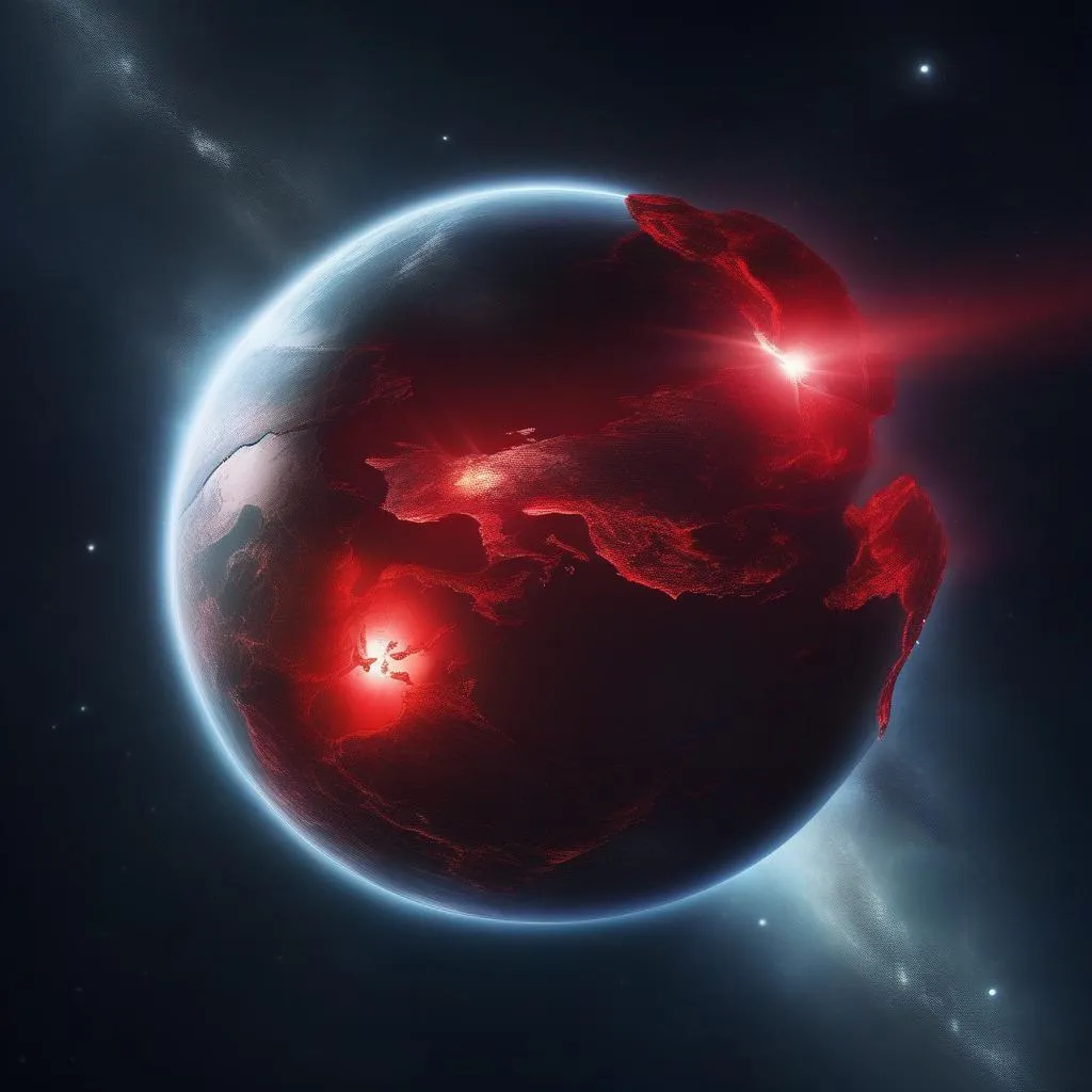 Prompt: planet earth cracking apart with a red light coming out of them, space view, located in outer space