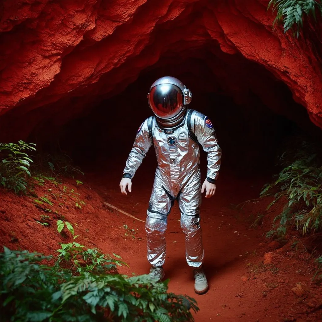 Prompt: a man in a silver suit and metallic astronaut helmet entering a red jungle cave