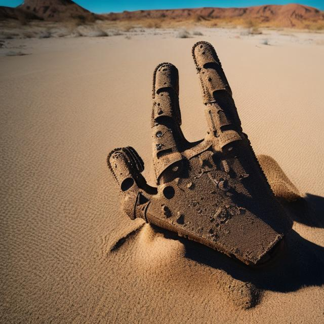 Prompt: An ancient robotic hand partially submerged in the sandy desert abandoned, covered in sand.