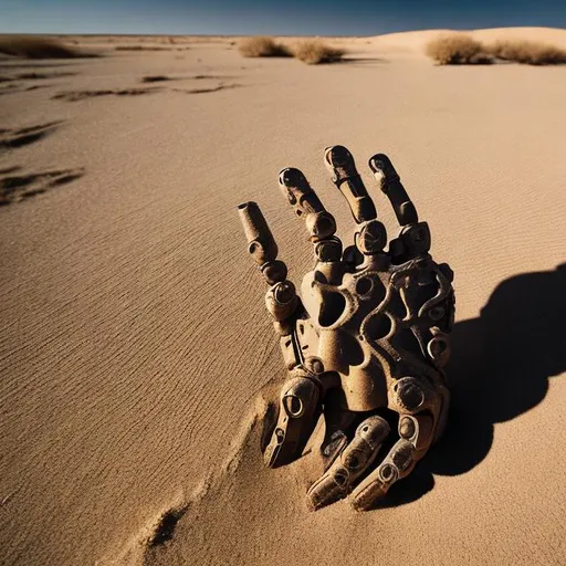 Prompt: An ancient robotic hand partially submerged in the sandy desert abandoned, covered in sand.