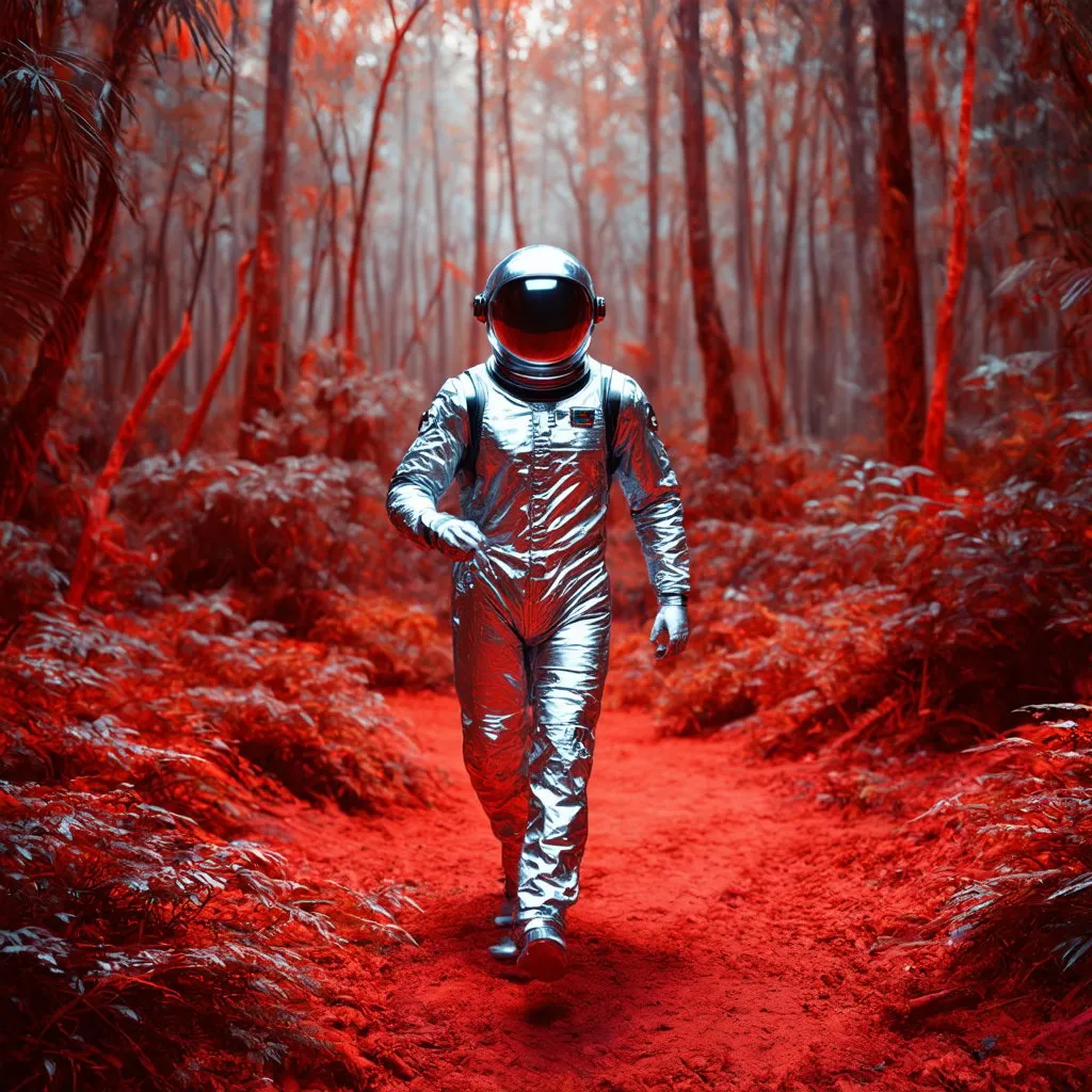 Prompt: 
Go back
Go back 3D render, a man in silver suit and metallic astronaut helmet walking on the red strange jungle, red jungle background, character color little contrasting with the background color