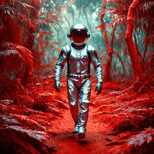 Prompt: 
Go back
Go back 3D render, a man in silver suit and metallic astronaut helmet walking on the red strange jungle, red jungle background, character color contrasting with the background color