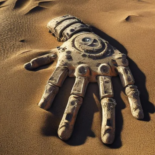 Prompt: An ancient robotic hand partially submerged in the sandy desert abandoned, covered in sand, realistic, five fingers