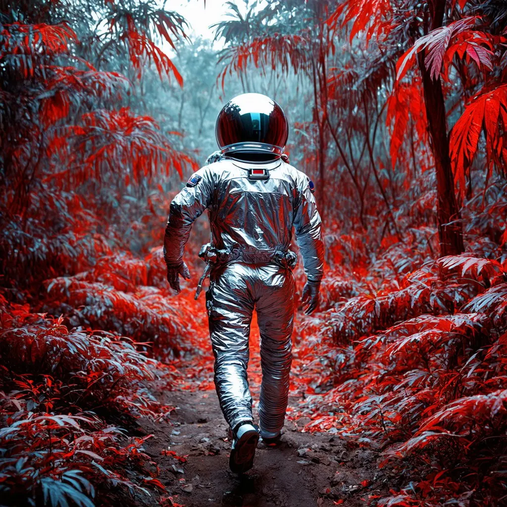 Prompt: silver-suited astronaut wearing helmet with his back walking in a strange red jungle