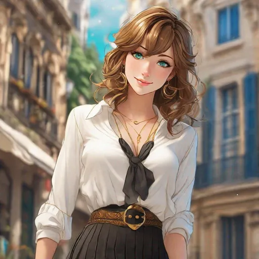 Prompt: Standing. Realistic manga. Perspective effect. French woman with rocker style. Short, wavy, soft hair, deep golden in color, with tousled brown highlights. Thin triangular face. Freckles. Bright blue-green eyes. Smile, bright lips. Medallion necklace, gold earrings, white linen shirt with plunging neckline, pleated miniskirt, black stockings, white sneakers, masterpiece, 16k RAW, HDR, award-winning work