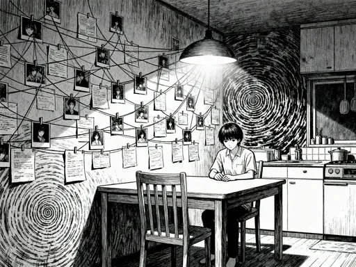Prompt: Junji Ito horror manga style, person sitting alone at kitchen table in single lamp light, walls covered in pinned photographs and documents connected by string, extreme detail showing descent into obsession, spiral patterns emerging in the chaos, heavy cross-hatching and shadows, claustrophobic tight composition, psychological horror atmosphere, black and white manga illustration, sense of paranoia consuming reality