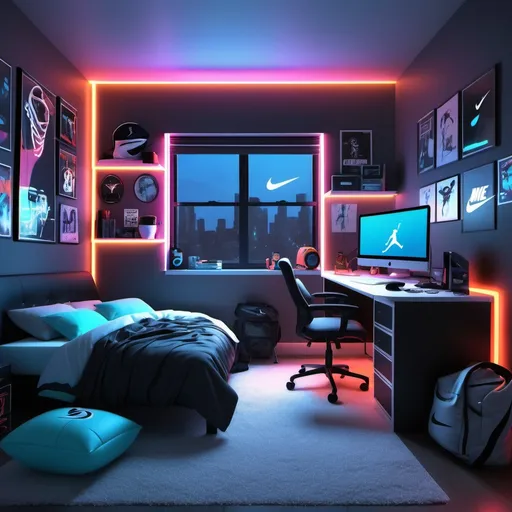 Prompt: A modern bedroom for a 16-year-old boy, featuring a stylish computer setup, on a large computer 
desk, a comfortable bed, a computer chair, and a spacious closet. Ambient neon lights create a vibrant atmosphere, illuminating  and Nike Air Jorden on the walls. A large window lets in night light, enhancing the youthful and energetic vibe. Rich colors contrast against soft textures in ultra-detailed HD.