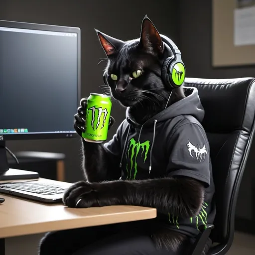Prompt: a black cat with headphones on, working on a laptop, siting on an office chair, drinking monster energy drink, 4k digital art