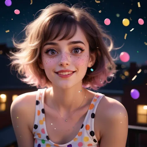 Prompt: nighttime medium shot, chiaroscuro dimly lit rooftop scene, dutch angle. Flying confetti, colorful bokeh overlay. She dressed in a summer polka dot tank top, poses as if she is having fun, making all kinds of Tenderness and Affection faces. Face features: large eyes, lips plums shades, a hint of blush on the cheeks.