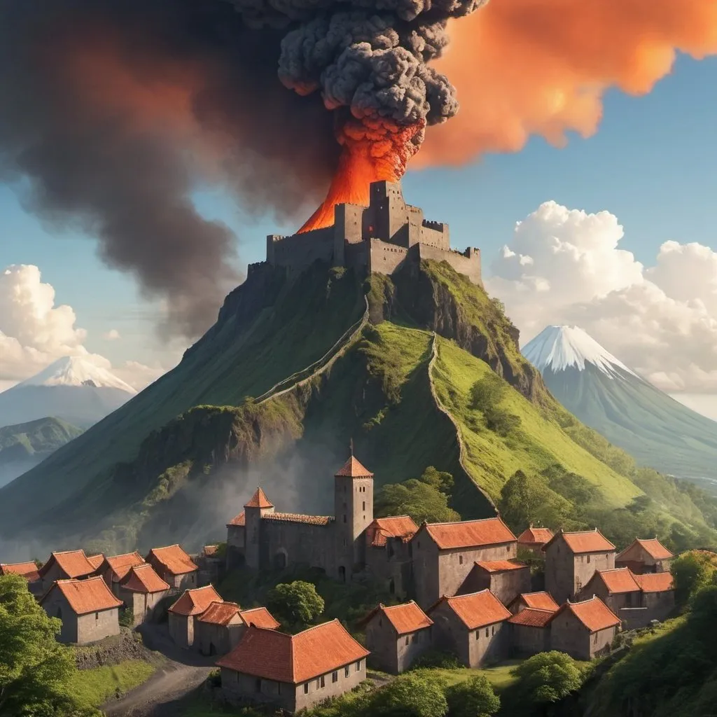 Prompt: A castle above a village near a volcano