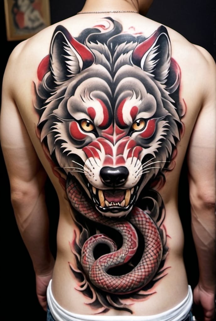Prompt: Tatuaje de un lobo, cuerpo completo envuelto con una serpiente en su cuerpo, estilo japones