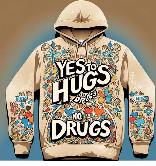 Prompt: This image is a digital illustration of a beige hooded sweatshirt displayed against a gradient background that transitions from light brown at the top to a soft blue at the bottom. The sweatshirt features an elaborate, colorful, and intricate design on the front. The central text reads "YES to HUGS No to DRUGS" in bold, black, and white letters with a vintage, distressed style. Surrounding the text are detailed, swirling patterns and illustrations of waves, clouds, and abstract shapes in shades of blue, white, and beige. On both sleeves, there are smaller versions of the wave and cloud motifs, with additional stylized elements that include tiny lanterns and spirals. The hood of the sweatshirt is pulled up, and the drawstrings are visible. The overall style of the illustration combines elements of traditional tattoo art with modern graphic design, creating a visually striking and cohesive piece. The textures in the illustration suggest a smooth, soft fabric for the sweatshirt, while the digital medium allows for sharp, clean lines and vibrant colors. The image is centered, with the sweatshirt taking up most of the frame, making it the focal point.