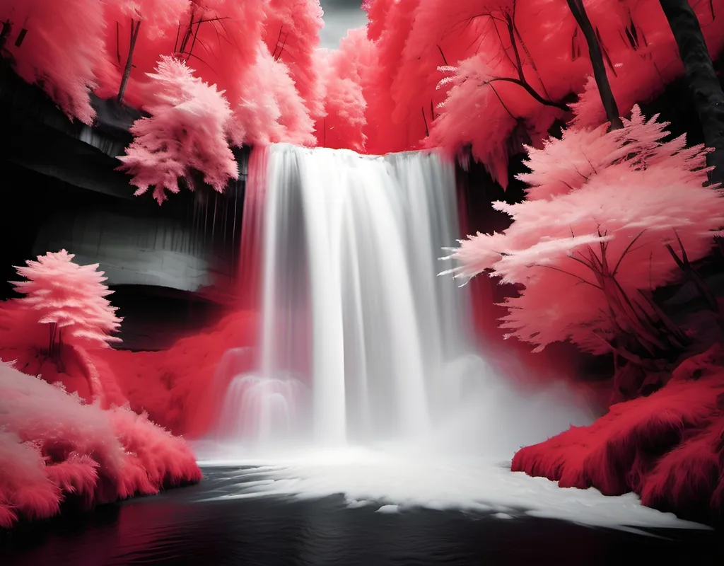 Prompt: Infrared photos waterfall, gift with red colors on a black background