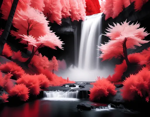 Prompt: Infrared photos waterfall, gift with red colors on a black background