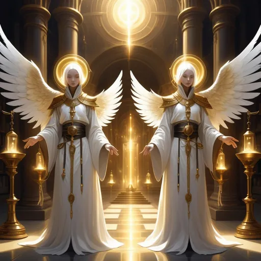 Prompt: Graceful, humanoid beings with luminous white robes and feathered wings. Their robes resemble the uniforms of apothecaries, complete with belts of potion vials and tools for mending souls. Their eyes glow with golden light, and they exude an aura of calm and reassurance.