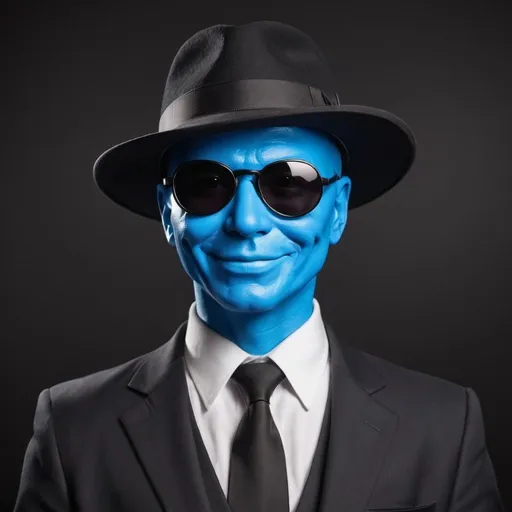 Prompt: blue man in suit with a head from planet earth o sunglasses and with a fedora black hat, smilling