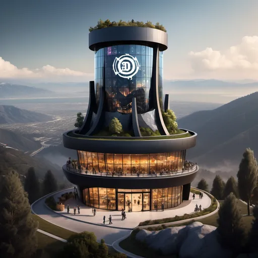 Prompt: A D&D dark wizard's tower on a mountain, refurbished to become the headquarters of a silicon valley tech startup, with an exciting corporate logo, lots of glass and facade, and a bagel bar inside.