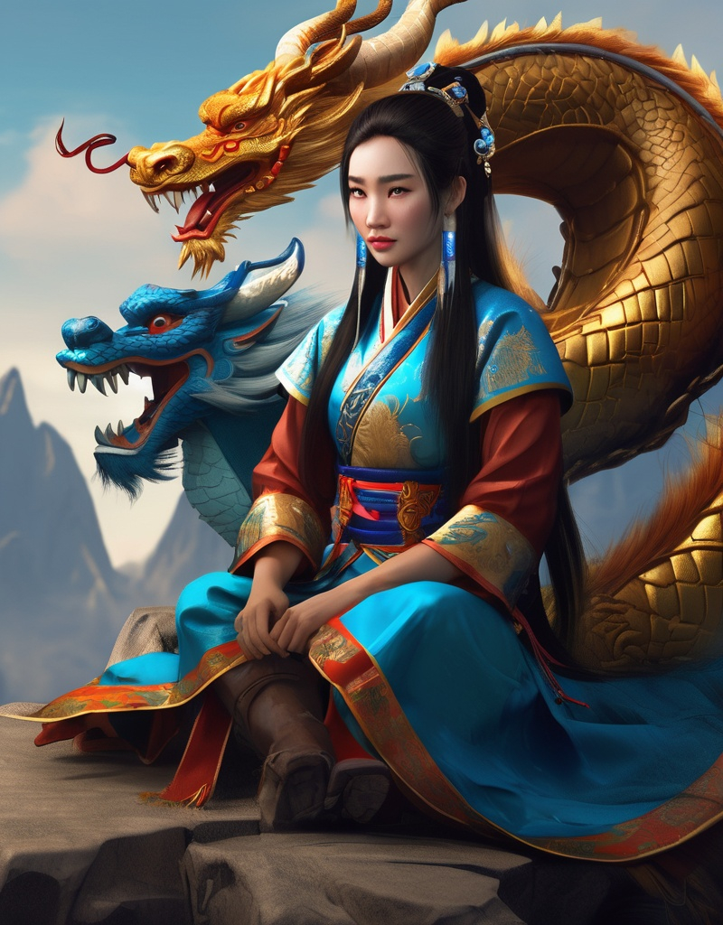 Prompt: a-beautiful-mongolian-young-woman-sitting-besides-a-pretty-chinese-dragon-trending-on-artstation-sharp