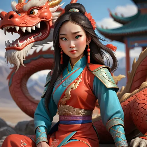 Prompt: a-beautiful-mongolian-young-woman-sitting-besides-a-pretty-chinese-dragon-trending-on-artstation-sharp