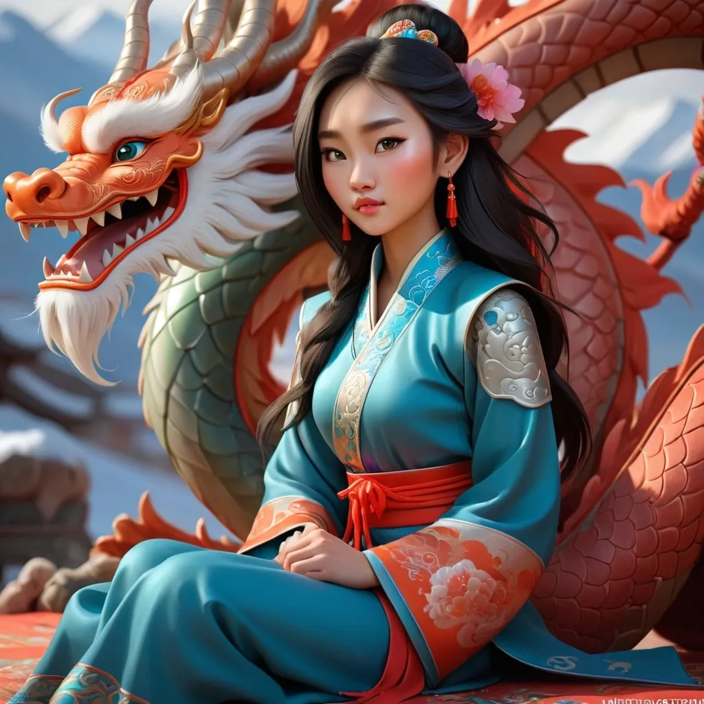 Prompt: a-beautiful-mongolian-young-woman-sitting-besides-a-pretty-chinese-dragon-trending-on-artstation-sharp