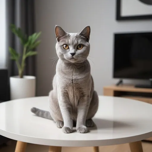 Prompt: A British short hair 3 colors cat sit on a modern design table inside a minalist style room