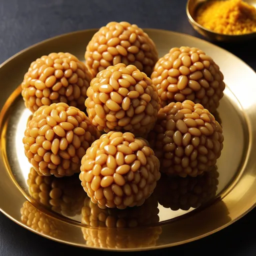 Prompt: Create an image of traditional Indian Borugula Laddu (puffed rice laddu). These round, golden-brown sweets are made from puffed rice mixed with jaggery syrup, showcasing a glossy texture. Each laddu should be slightly rough in appearance with visible grains of puffed rice clumped together by the sticky jaggery. Present them on a simple brass plate, with a few scattered puffed rice pieces around the plate for an authentic, rustic feel. The background should be a soft wooden or rustic surface to evoke the warmth of a traditional kitchen