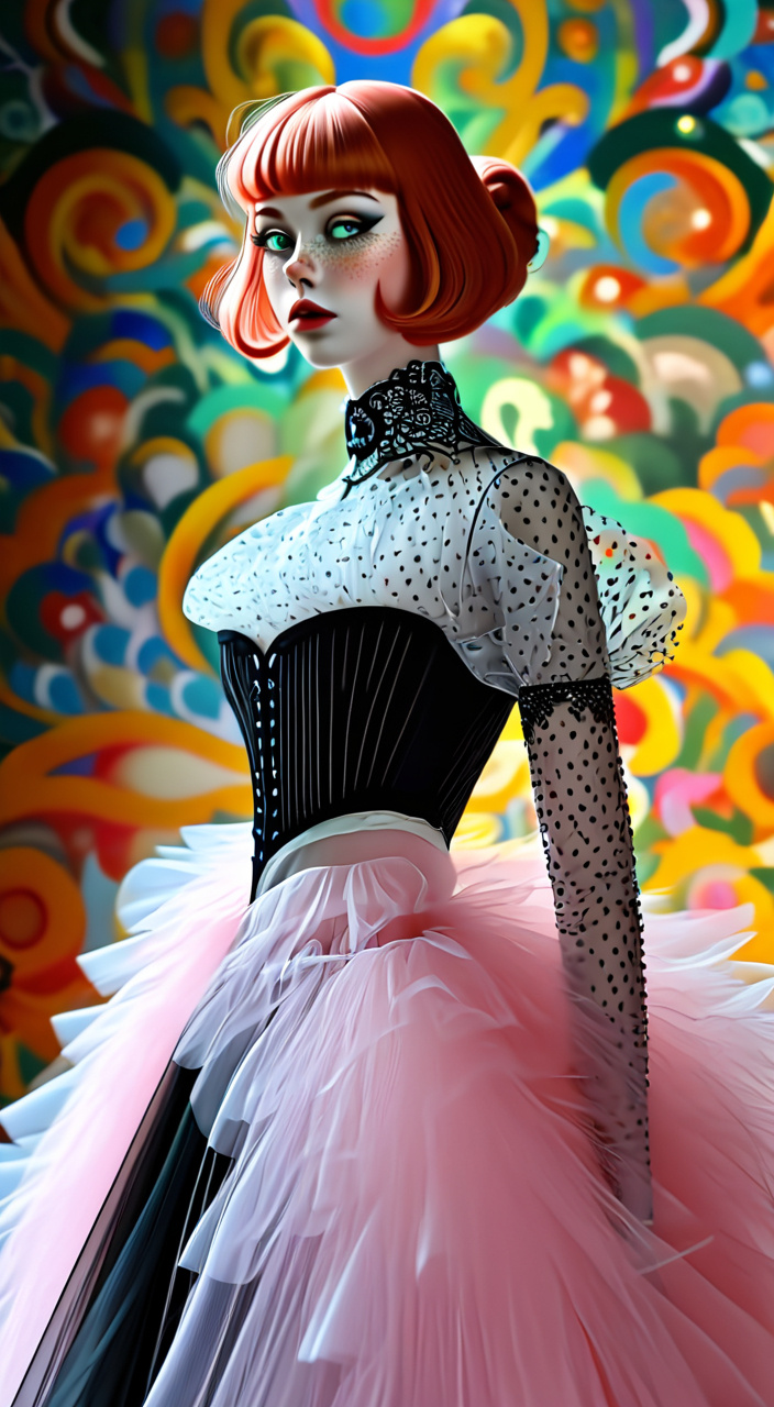 Prompt: Anime character Art, Tim Burton and Fiona Rae mashup, An ethereal goddess like gorgeous thin raspberry red haired woman with pale lovely complexion with freckles, and large highly detailed lovely realistic mesmerizing deep green eyes with thick dark eyelashes, in a sheer pink tulle blouse and a black skirt with a slit down the side of her skirt and a necklace, Fiona Rae, maximalism, dress, bold and vivid color pallette, arresting gaze, a marble sculpture