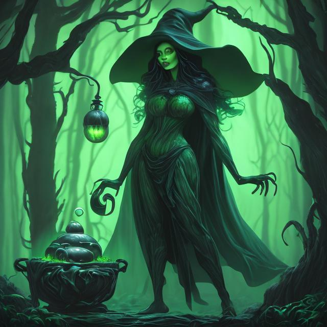 Prompt: ultra realistic beautiful green  woman with a curvaceous figure and black hair wearing a black cape and witches hat stands near a bubbling cauldron in a dark wooded area on a foggy night