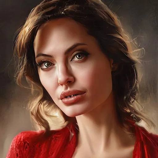 Prompt: ultra beautiful and lifelike realistic  portrait of Angelina Jolie in a red dress