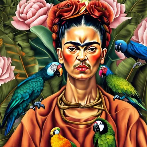 Prompt: ultra beautiful and lifelike realistic Frida Kahlo style portrait of a woman sitting in a chair with a parrot on her shoulder against a flowery wallpaper background