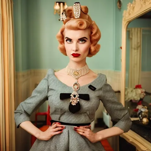 Prompt: Wes Anderson Style 1950s housewife with full makeup, wearing a black evening dress and a diamond necklace with curlers in her blond hair 