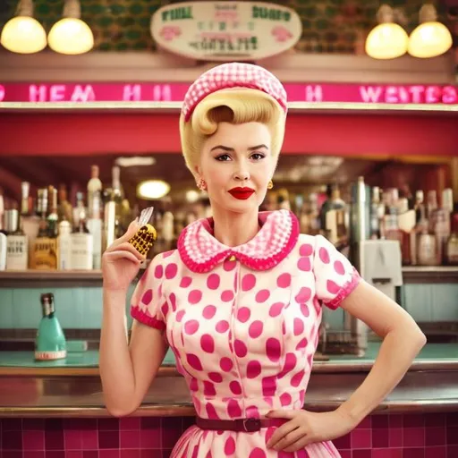 Prompt: Wes Anderson type portrait of a 1950s housewife with a huge beehive hairdo in a pink dress at the bar of a  diner 
