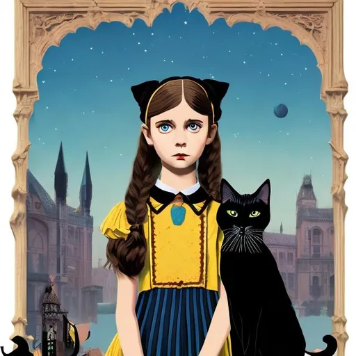 Prompt: wes anderson style gothic young girl with blue frock holding a black cat
